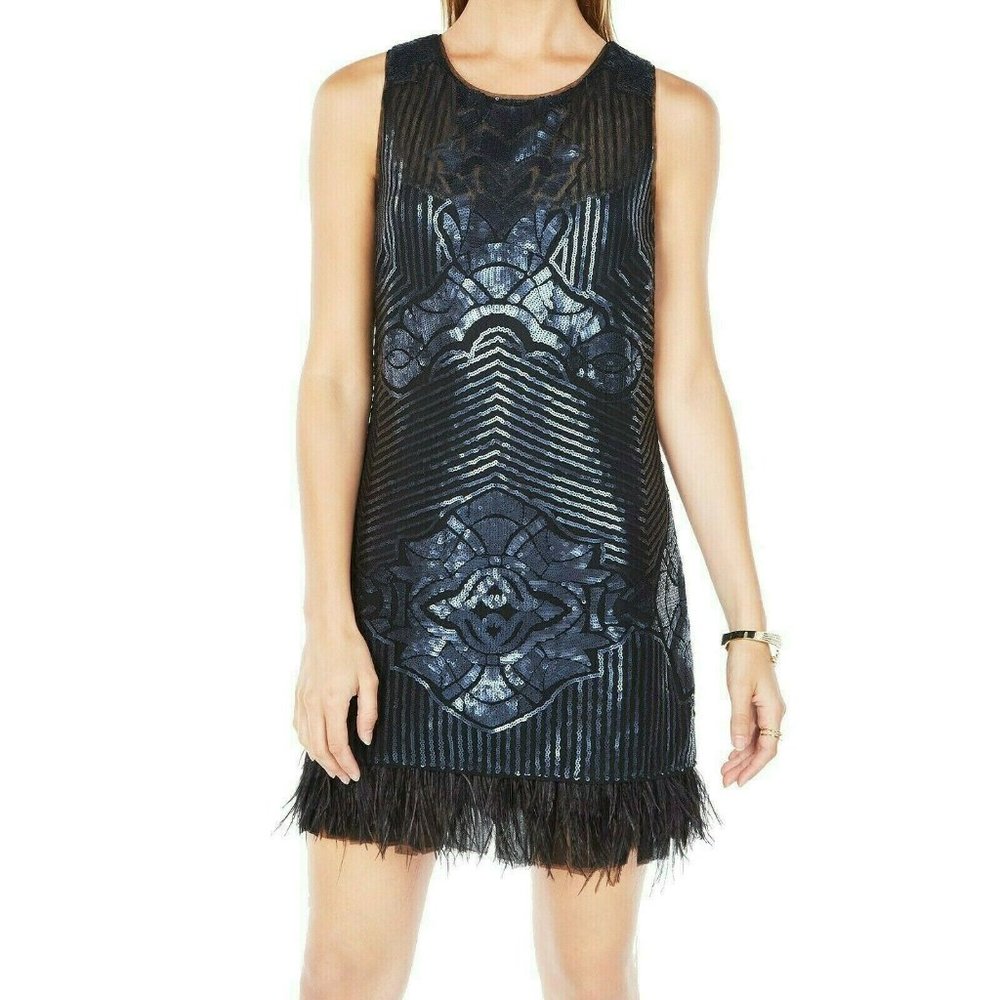 BCBGMAXAZRIA Navy Black Caterina Sequin Ostrich Trim Sleeveless Cocktail Dress M